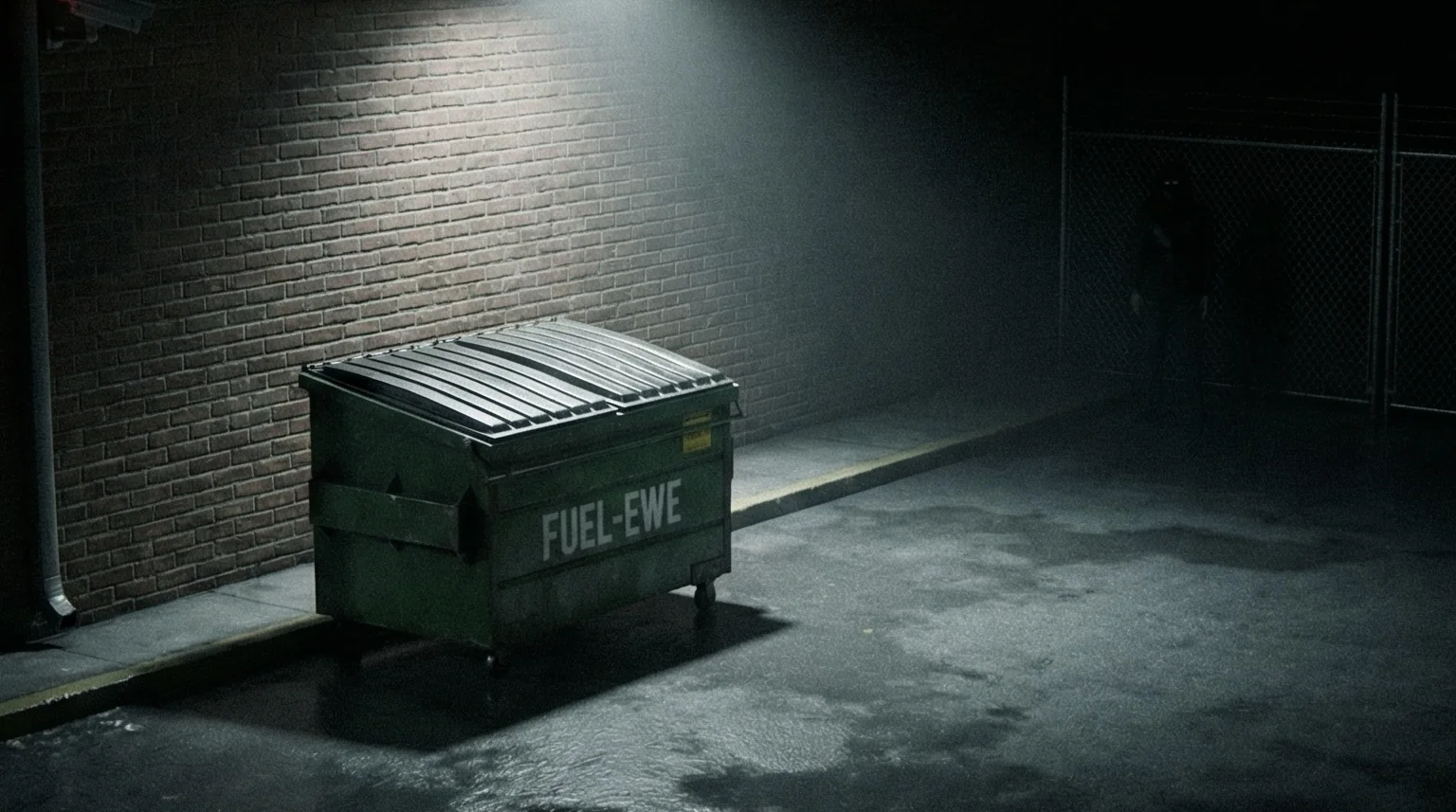Fuel-Ewe backlot dumpster under a night security light