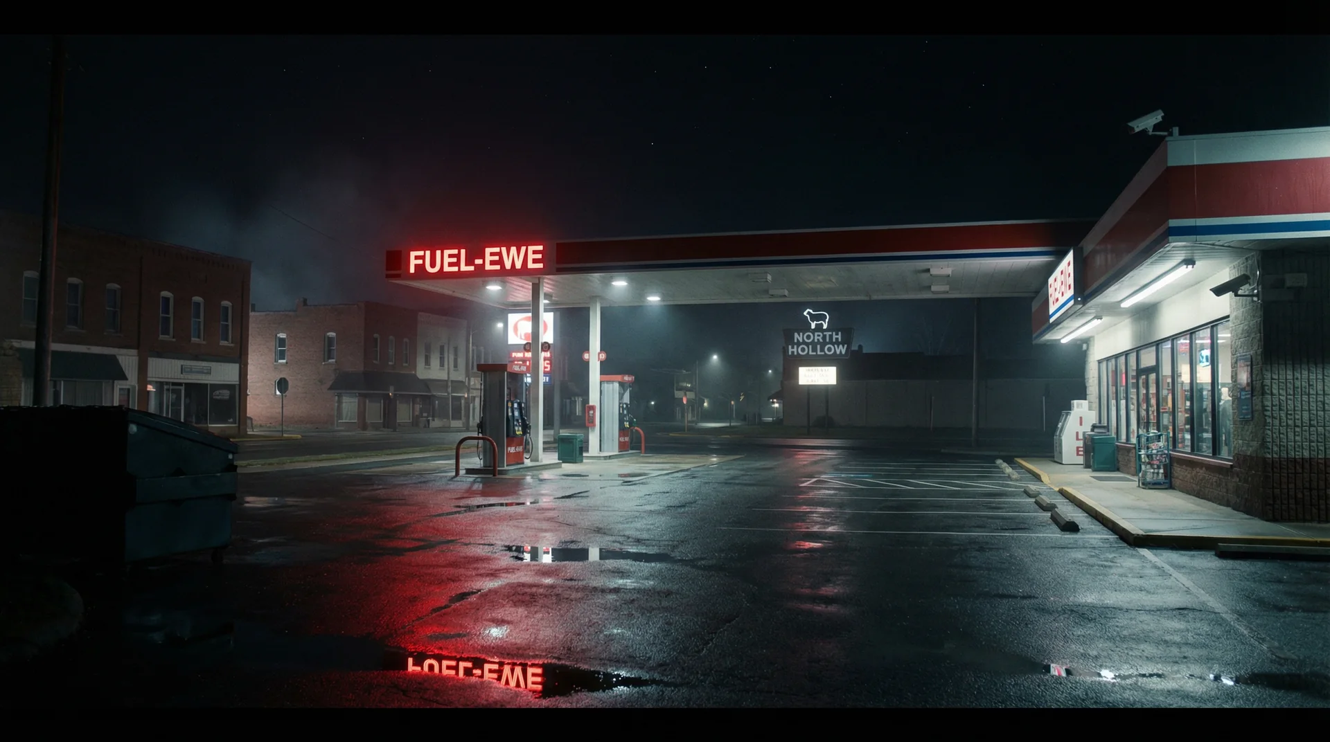 Fuel-Ewe gas station exterior glowing at night after rain