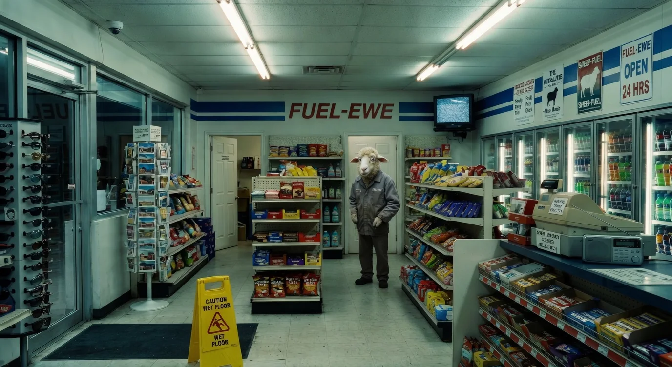 Fuel-Ewe interior aisles glowing at night